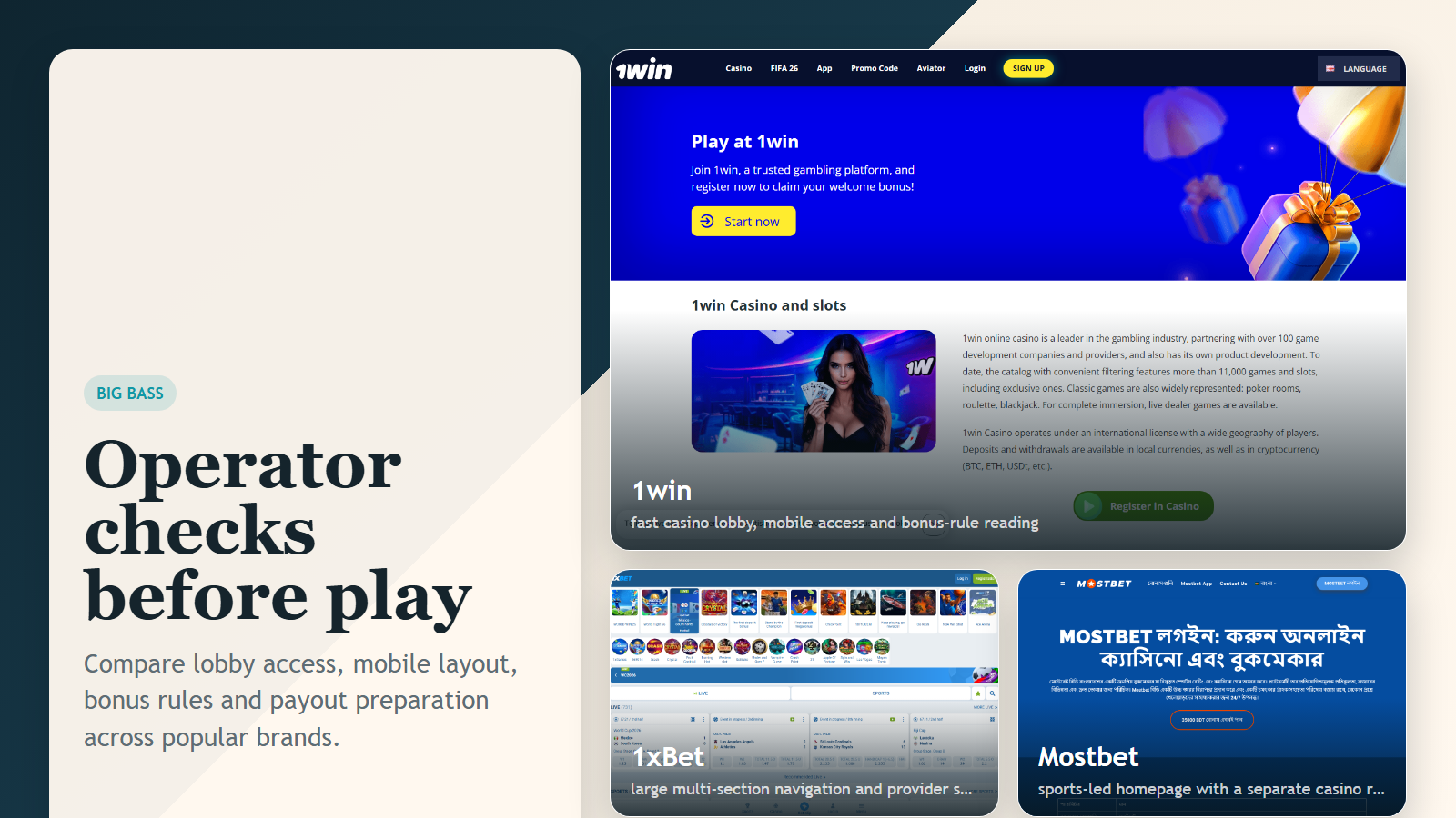 Big Bass operator check collage with real public page screenshots