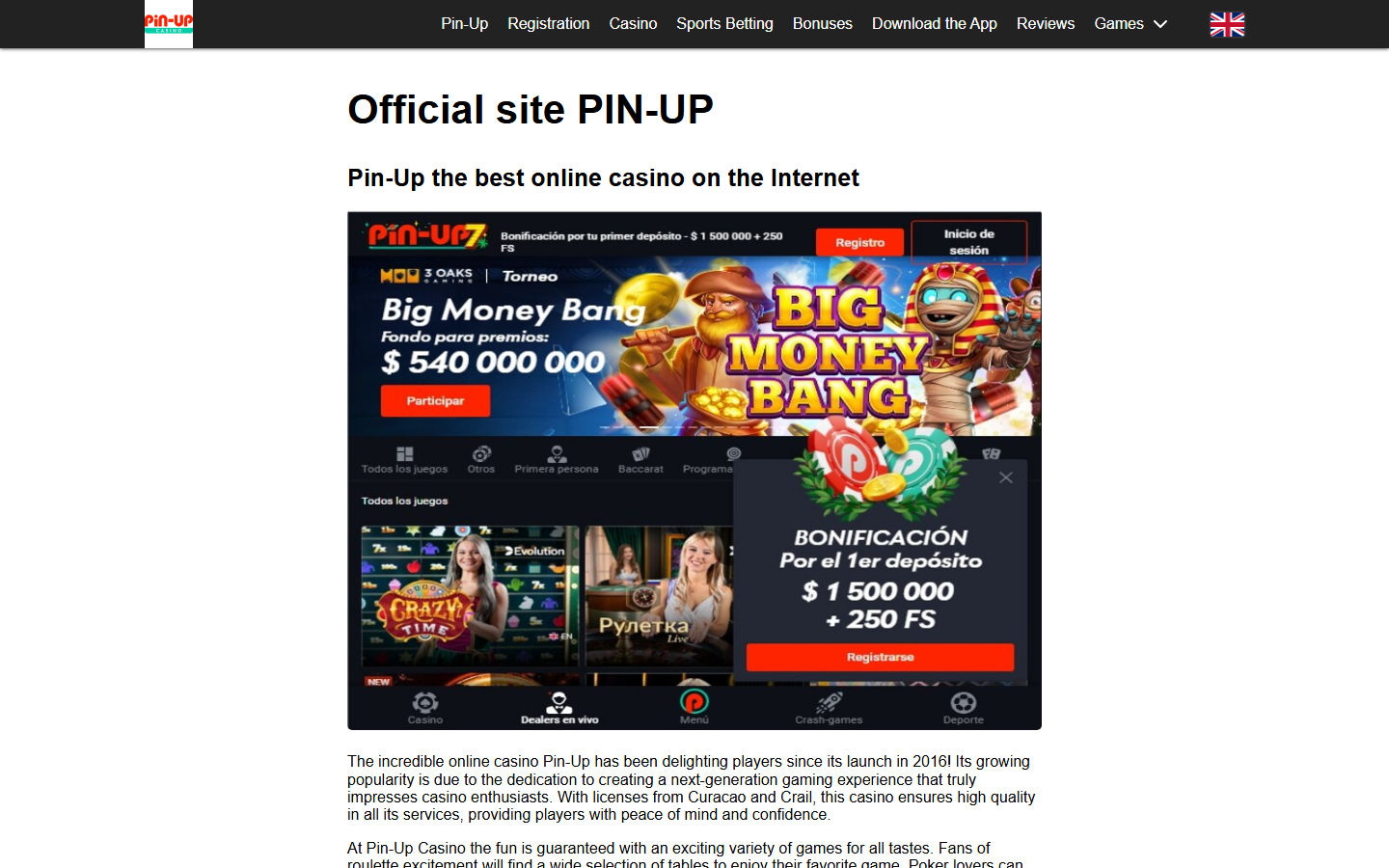 Pin-Up public page screenshot for Big Bass checks